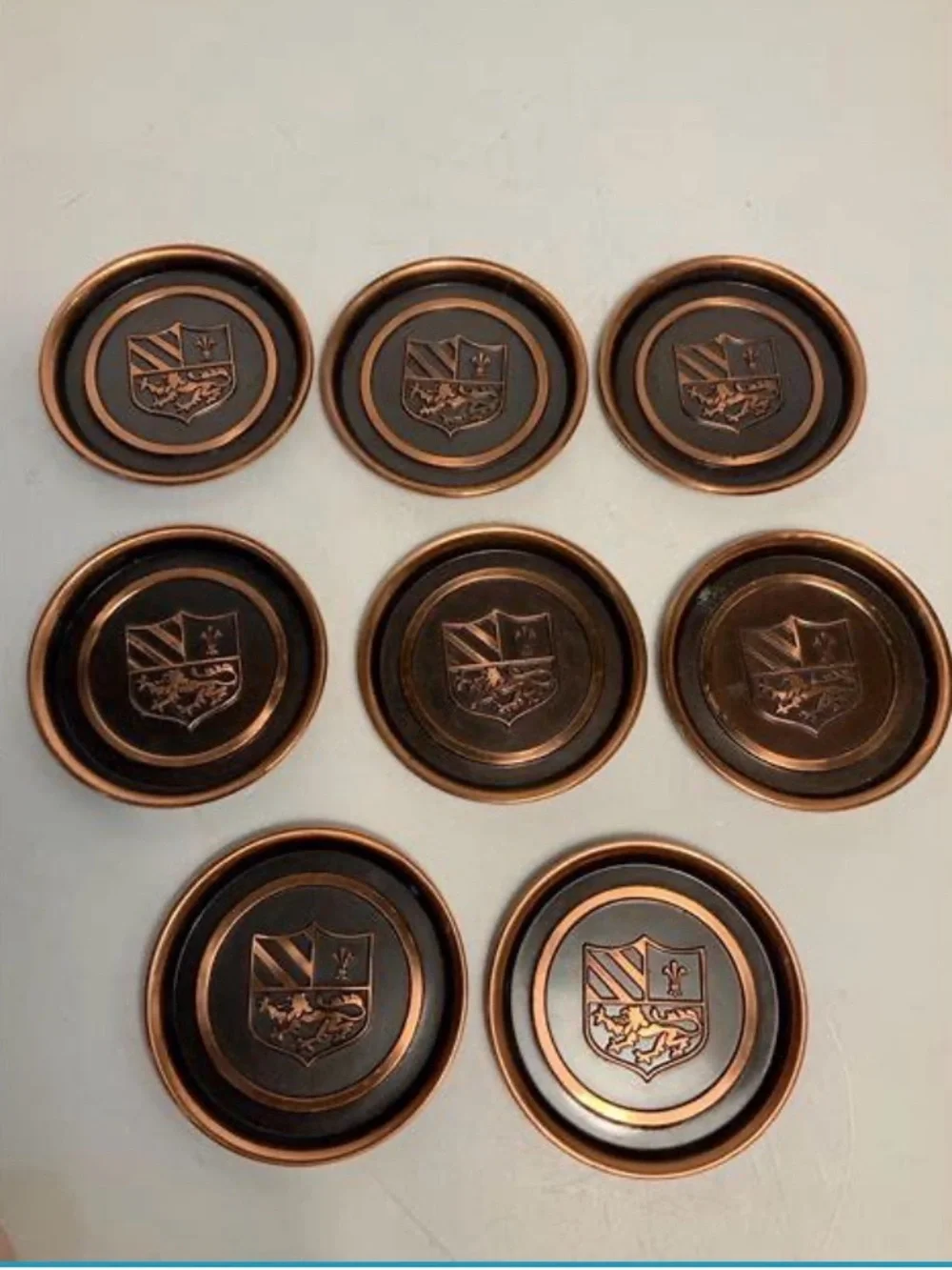 Hyde Park COASTERS Heraldic Set/ 8 copper & black metal NIB Paper Hyatt Regency